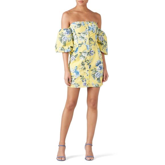 J.O.A. Yellow Floral Balloon Sleeve Off The Shoulder Mini Dress XS - Picture 1 of 14